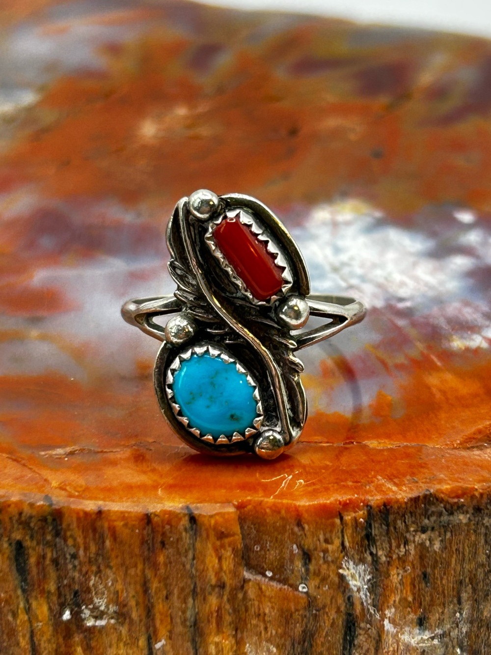 Mini Southwest Sterling Silver Turquoise and Coral Ring - Size 9